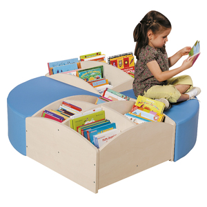 OS- ILOT LECTURE BOULEAU (2 POUFS BLEU QUART DE CERCLE + 2 BACS À LIVRES 4 CASES BAS)