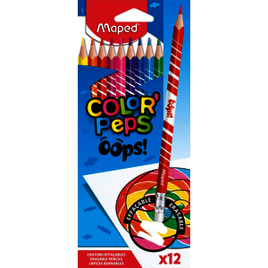 OOPS COLORPEPS 12 CRAYONS COULEURS EFFACABLES COLORIS ASSORTIS